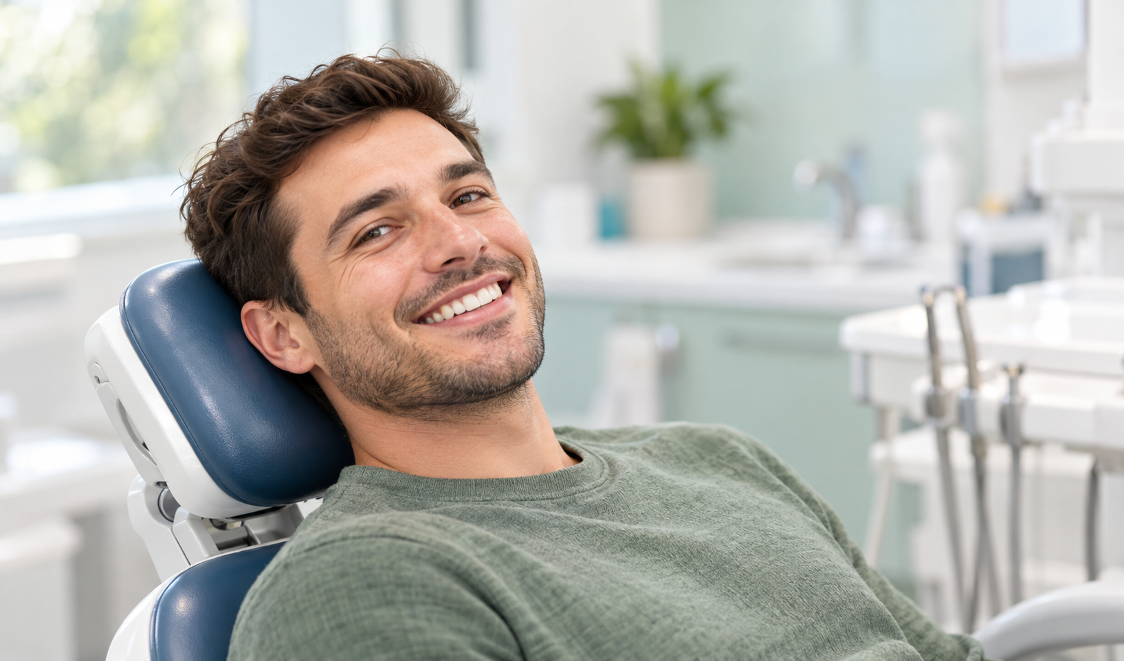 Smiling patient in a dental chair